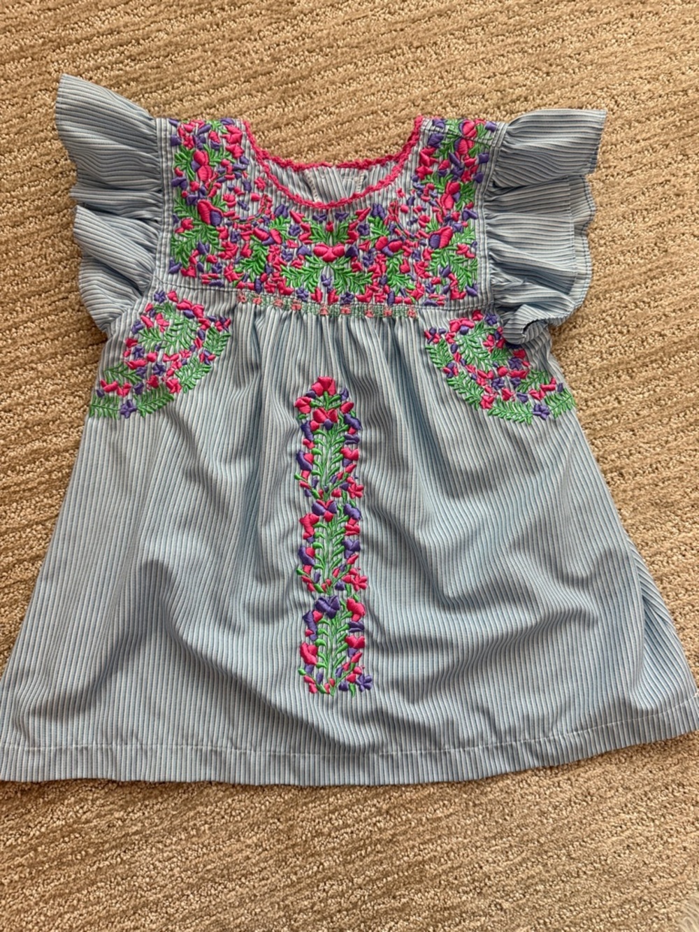 Embroidered Flutter Sleeve Top - Blue with Pink & Green Floral
